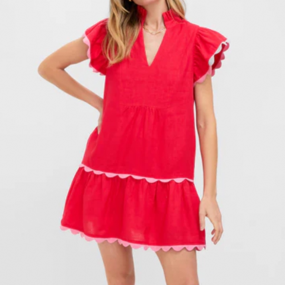 Tuckernuck Hibiscus Red Linen Flutter Sleeve Bella Dress